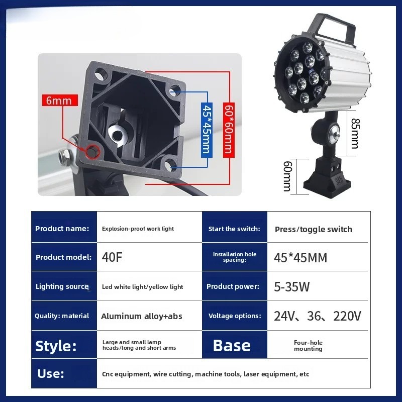 40F LED Work Light Parameter Table - Power 5-35W, Voltage 24V 36V 220V